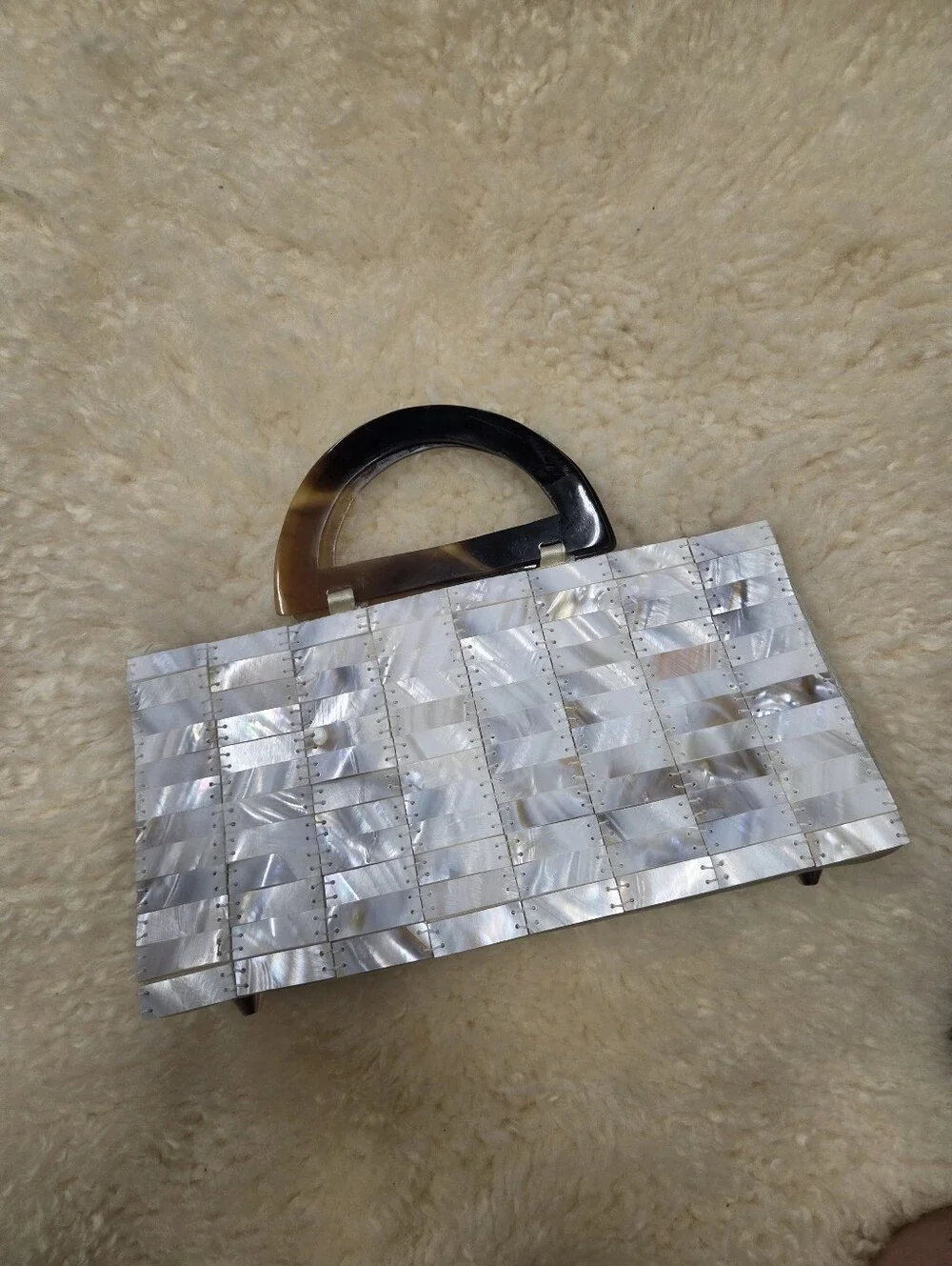 Mad Bags Mother of Pearl Tile Purse Tortoise Handle Shell Clutch Bag MOP Y2K